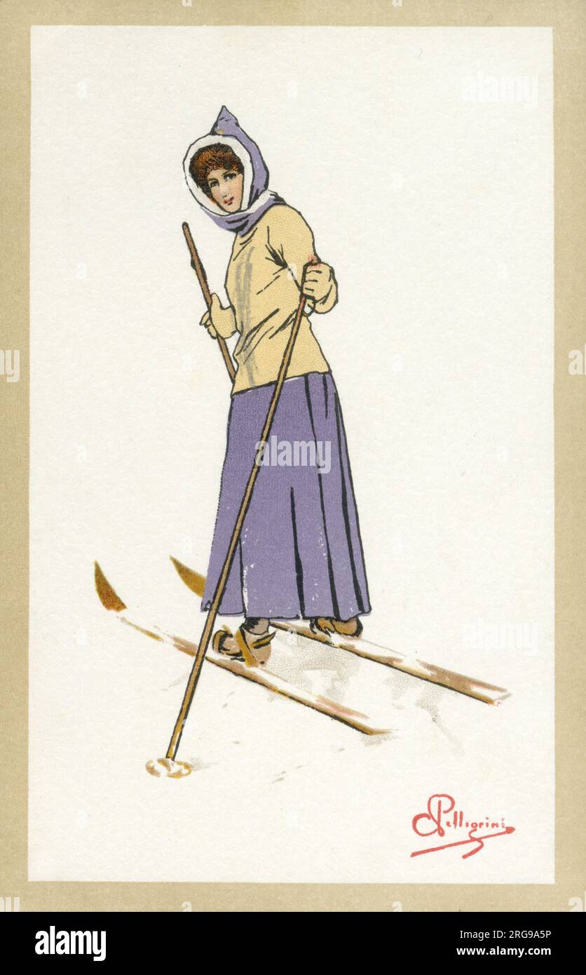 Skifahrer, die zurückfahren - Schweiz - 1900er Stockfoto