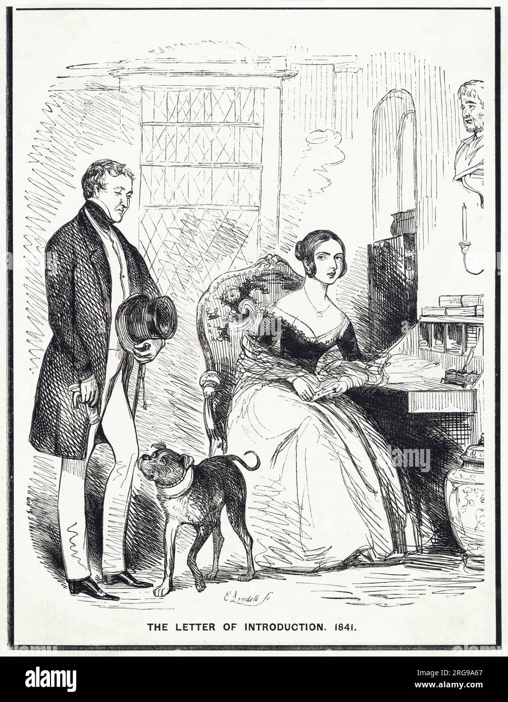 Cartoon, das Einführungsschreiben, 1841 - Königin Victoria und ihr neu gewählter Premierminister Sir Robert Peel (konservativ). Stockfoto
