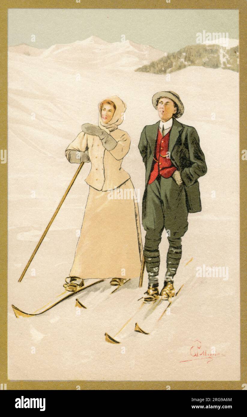 Pärchen Skifahrer - Schweiz - 1900er. Stockfoto