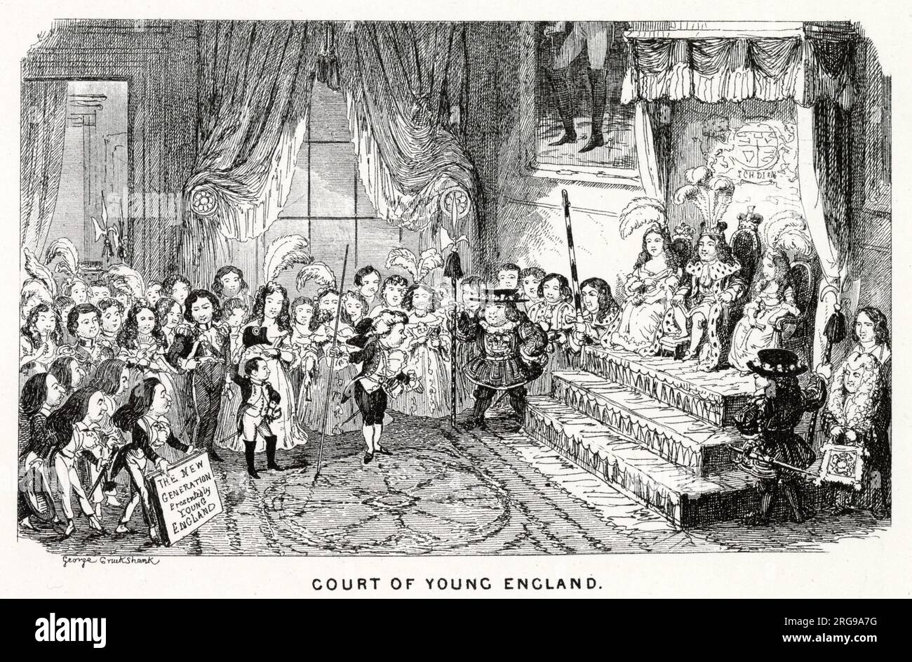Cartoon, Court of Young England -- die neue Generation. Ein Kommentar zu Benjamin Disraelis "Young England"-Bewegung, einer politischen Splittergruppe, die hauptsächlich aus konservativen Aristokraten besteht, die gemeinsam an einer öffentlichen Schule waren. Stockfoto
