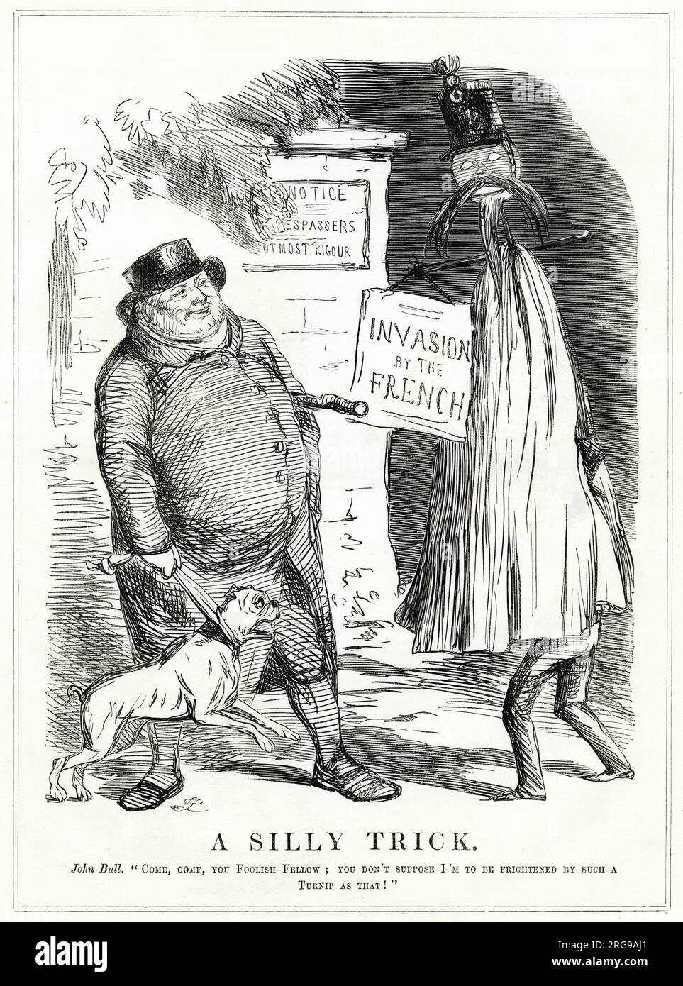 Cartoon, Ein alberner Trick -- Bauer John Bull kann nicht von einem Trickster mit Rübenkopf getäuscht werden, der vorgibt, Ein einmarschierender französischer Soldat zu sein. Stockfoto