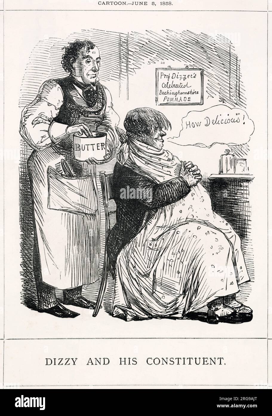 Cartoon, Dizzy und sein Verfassungsgebender -- ein satirischer Kommentar darüber, wie Benjamin Disraeli seine Wähler in Buckinghamshire in seinen Reden "schmoren" konnte. Stockfoto
