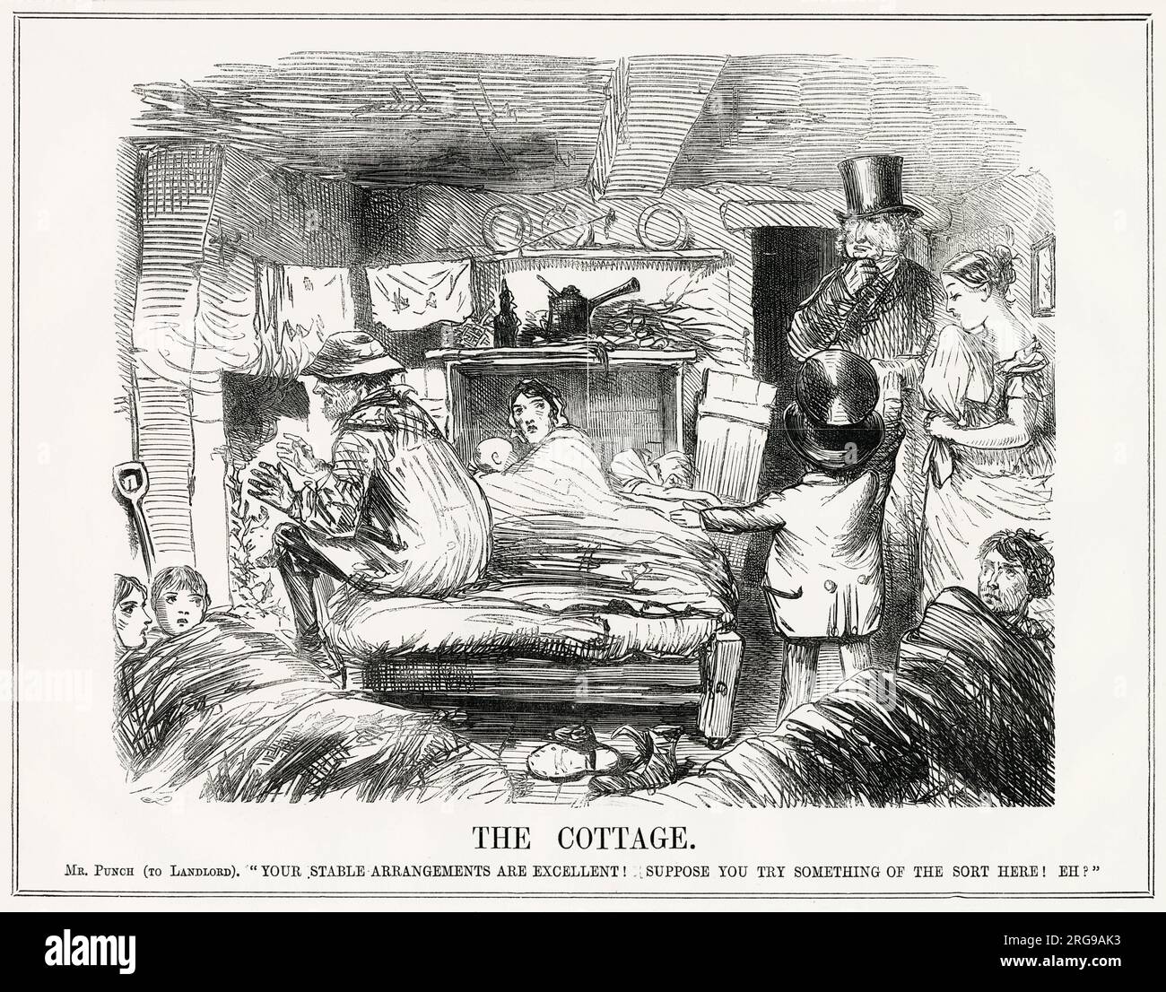 Cartoon, The Cottage -- ein satirischer Kommentar über den schlechten Wohnstandard für Arbeiterfamilien. Mr. Punch sagt dem Vermieter, dass seine Ställe viel besser sind als seine Miete für Menschen. Stockfoto
