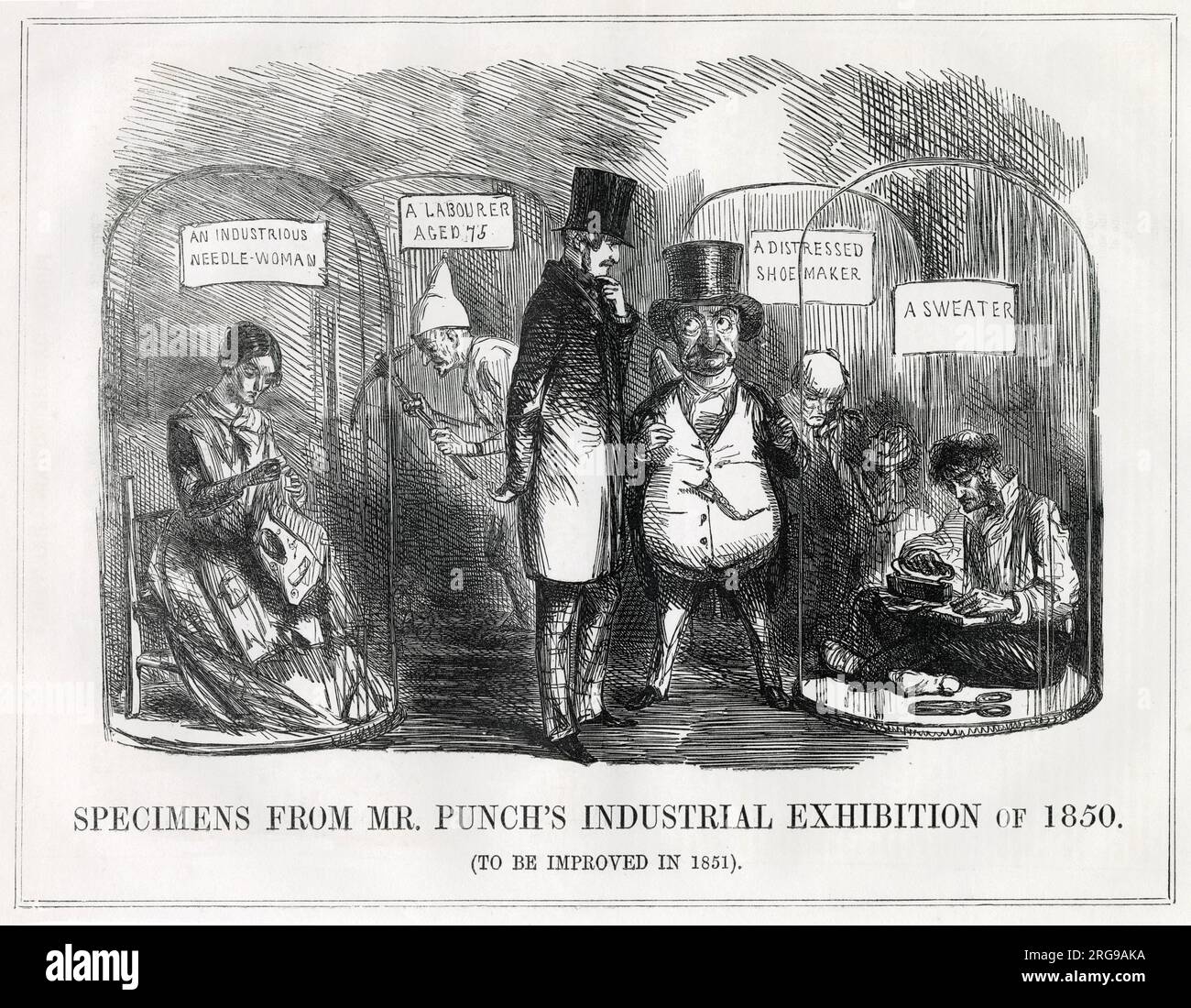 Cartoon, Muster der Industriemesse von Herrn Punch von 1850 (soll 1851 verbessert werden). Eine Satire über die bevorstehende große Ausstellung unter der Führung von Prinz Albert. Als Demonstration seines sozialen Gewissens weist Mr. Punch den Prinzen auf die Realitäten einer Industriegesellschaft für arbeitende Menschen hin -- eine fleißige Nadelfrau, ein Arbeiter im Alter von 75 Jahren, ein verstörter Schuhmacher und ein Pullover, alles als Ausstellungsstücke in Glaskuppelkoffern. Stockfoto