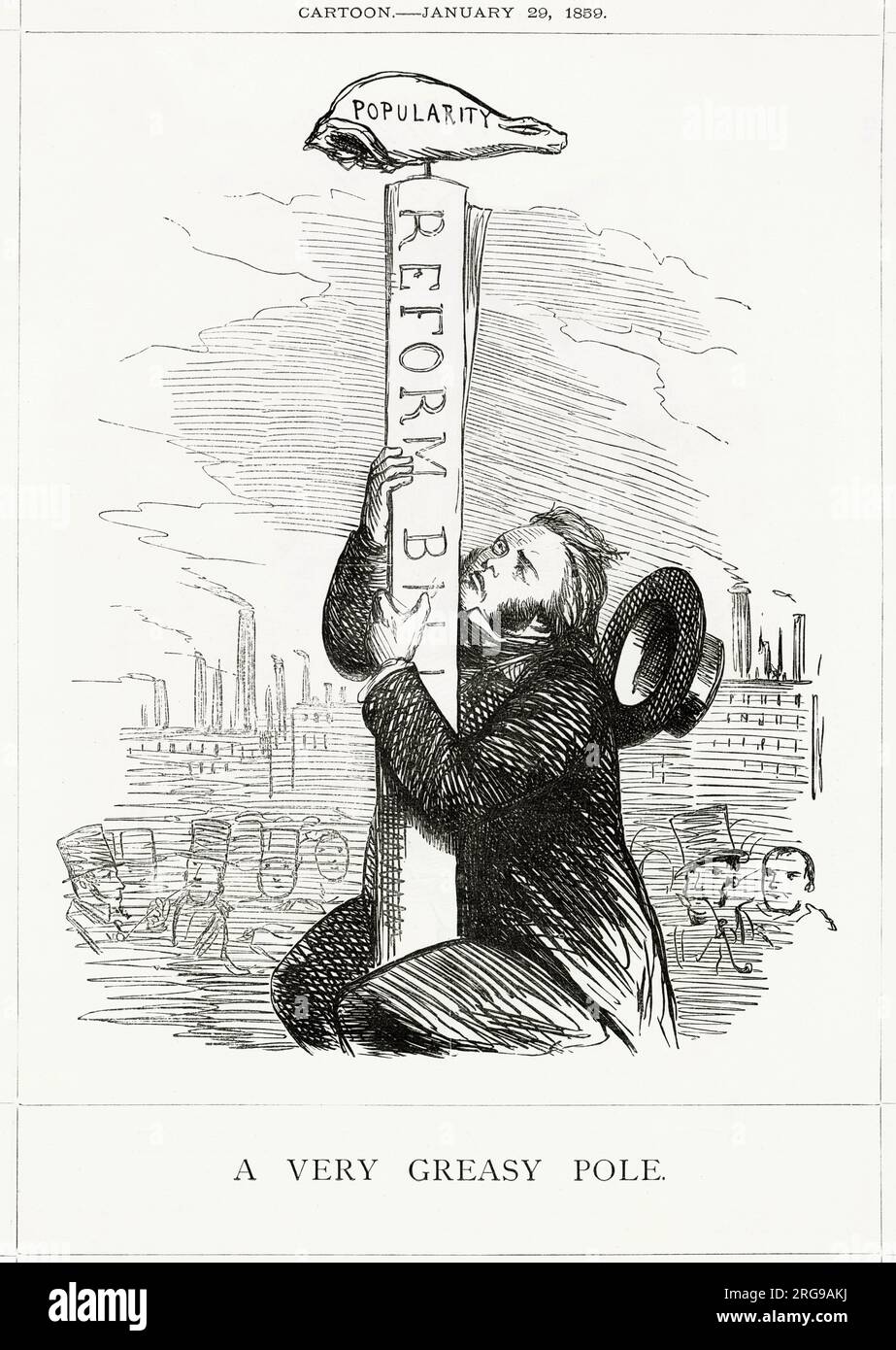 Cartoon, Ein sehr schmieriger Pole – satirische Stellungnahme zu John Bright's Bemühungen, Reformen zu fördern, insbesondere eine Ausweitung des Franchise auf arbeitende Männer, ein Jahr nachdem er Abgeordneter für Birmingham wurde. Stockfoto
