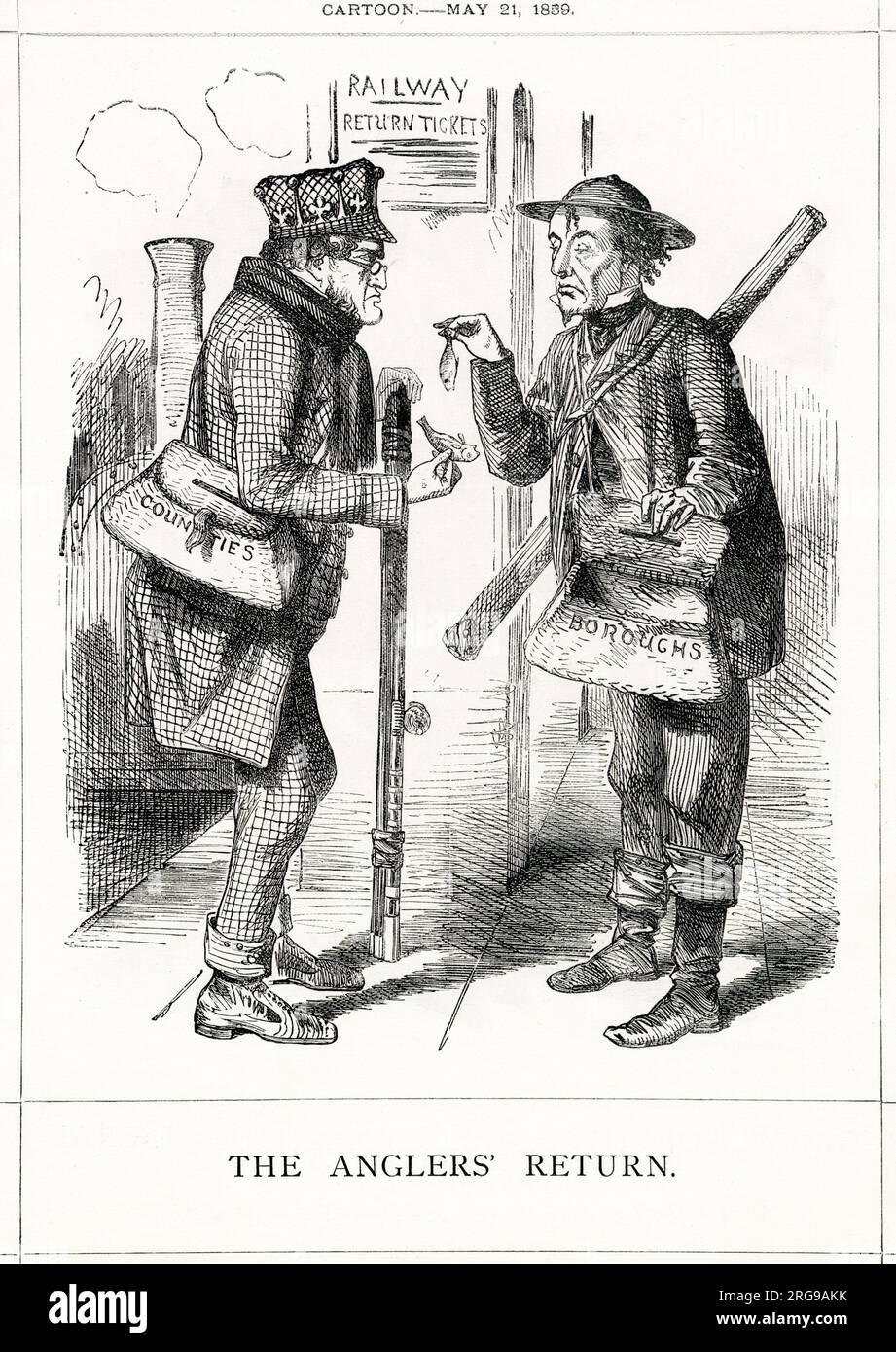 Cartoon, die Rückkehr der Angler – Lord Derby und Benjamin Disraeli, die als Fischer dargestellt wurden, um die schlechte "Rückkehr" der konservativen Partei aus den jüngsten allgemeinen Wahlen zu untersuchen – die liberale Partei unter Lord Palmerston hatte mehr Sitze gewonnen und eine Mehrheit gehalten. Stockfoto