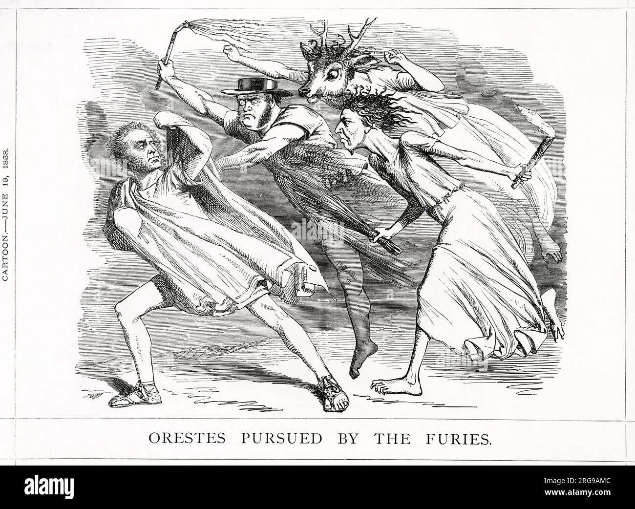 Cartoon, Orestes verfolgt von den Furien -- Lord Palmerston als Orestes darzustellen, verfolgt von John Bright, Roebuck und Disraeli, ein satirischer Kommentar zu einer parteiübergreifenden Kombination von Bright, Roebuck und Disraeli, um Palmerston aus dem Amt zu halten. Stockfoto
