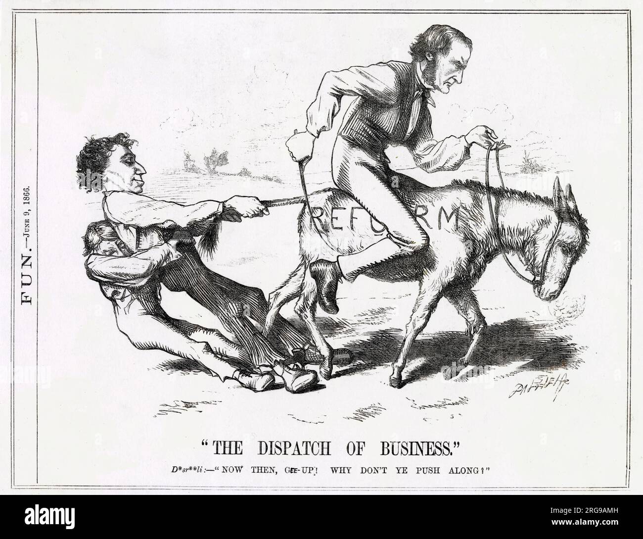 Cartoon, The Dispatch of Business -- ein satirischer Kommentar zu den widersprüchlichen Ansätzen von Benjamin Disraeli (konservativ) und William Gladstone (liberal) zur Wahlreform. Stockfoto