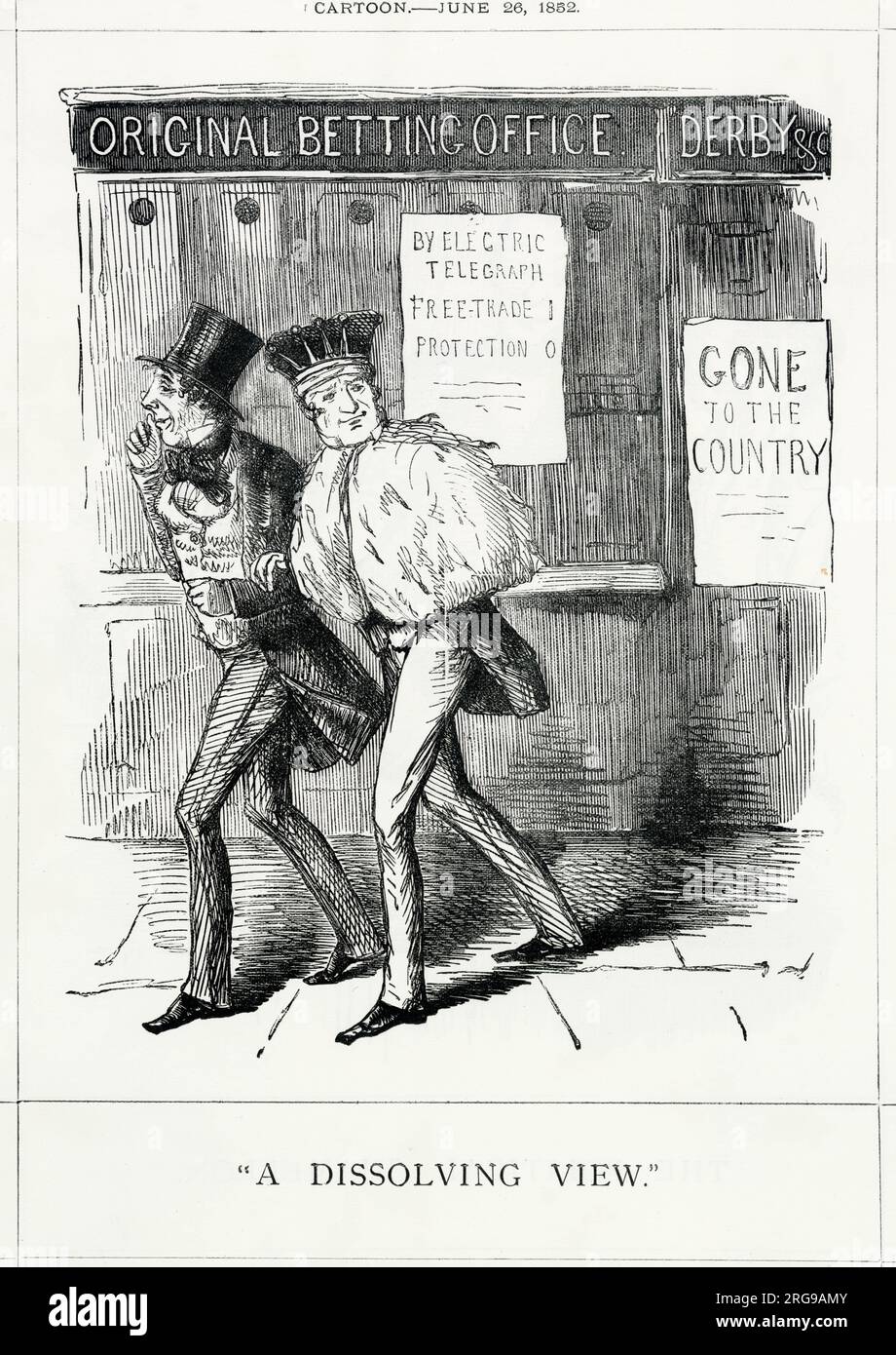 Cartoon, Eine auflösende Sichtweise - Benjamin Disraeli und Lord Derby gewinnen die Wahl des Generals, wenn auch nur mit einer knappen Mehrheit. Die Wahlergebnisse zeigten eine klare Unterstützung für den Freihandel gegenüber dem Protektionismus (letzterer von Derby favorisiert). Stockfoto