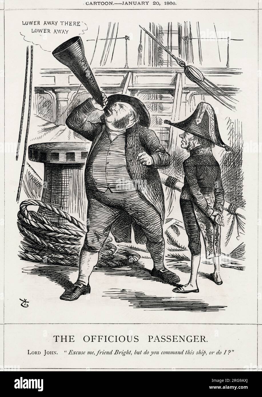 Cartoon, der beleidigende Passagier -- ein satirischer Kommentar zu den Versuchen des radikalen Abgeordneten John Bright, auf Wahlreformen zu drängen, für die er von Lord John Russell (damals liberaler Premierminister), der hier als Kapitän des Schiffes gezeigt wurde, gemahnt wird. Stockfoto