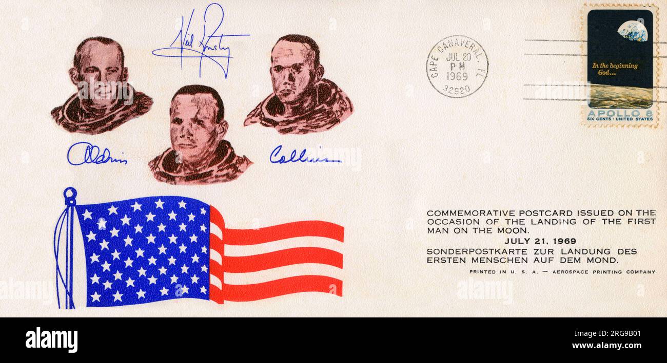 Die erste Tageszeitung zum Gedenken an die Mondlandung am 20. Juli 1969. Armstrong ging am 21. Juli auf die Oberfläche. Stockfoto
