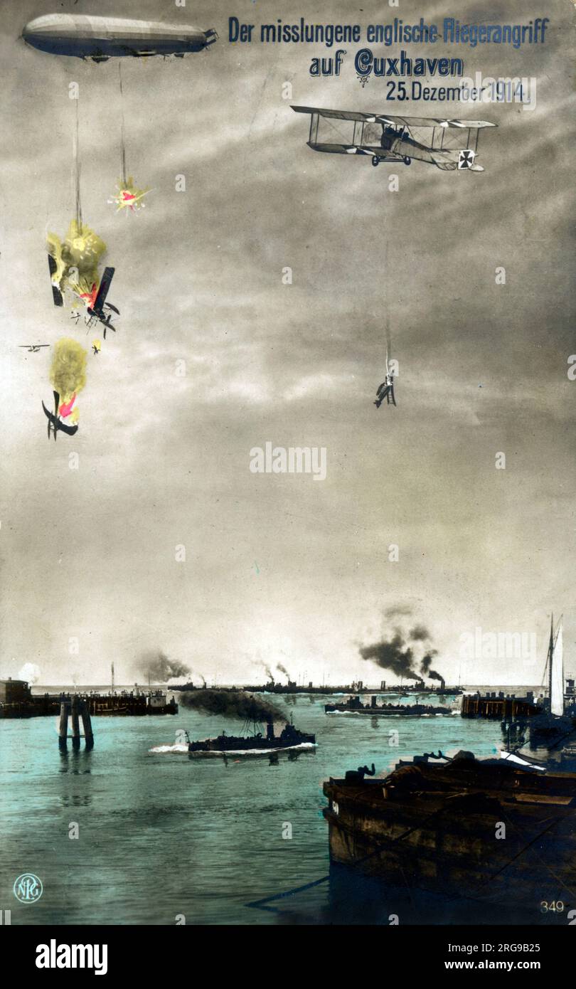 WW1 - Eine deutsche Propagandaansicht (im Gegensatz zu diesem Bild überlebten die Besatzungen aller sieben Flugzeuge die Razzia!) Vom Luftkampf und Marinekampf in Cuxhaven, einem deutschen Nordseehafen. Im Ersten Weltkrieg. Nordholz Airbase mit seinen Luftschiff-Hangars, nahe Nordholz südlich von Cuxhaven, war eine der größten deutschen Marinefliegerstationen. Am 1914. Weihnachtsfeiertag wurde sie von Wasserflugzeugen der Royal Navy im Cuxhaven RAID angegriffen, wie hier abgebildet. Stockfoto