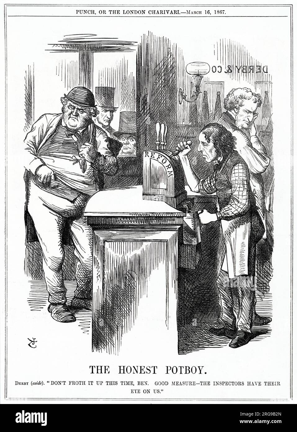 Cartoon, der ehrliche Potboy -- ein satirischer Kommentar zu Disraelis Präsentation seiner Vorstellungen für eine Wahlreform. Premierminister Lord Derby sagt ihm, er solle "diesmal nicht aufschäumen", da "die Inspektoren uns im Auge behalten". John Bull fischt in seiner Tasche für eine Münze, um sein Bier zu bezahlen, während Lord John Russell und William Gladstone verdächtig durch das Fenster schauen. Stockfoto