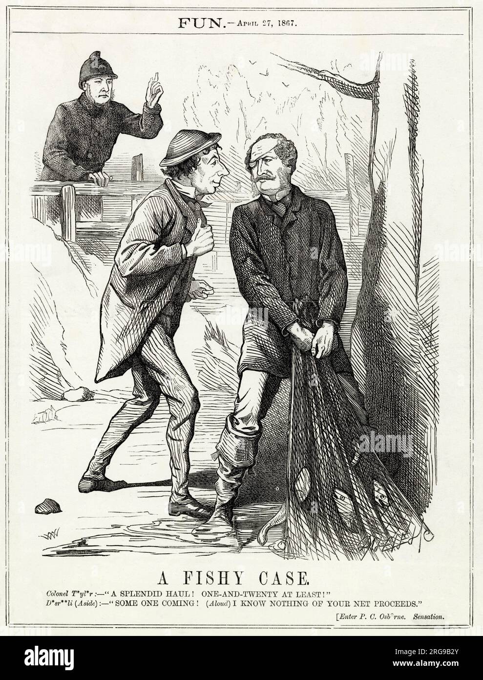 Cartoon, Ein Fishy-Fall -- ein satirischer Kommentar zu den Machenschaften, die bei der Sicherung der Wahlreform involviert sind, um ehrbaren Arbeitern das Wahlrecht zu geben. Benjamin Disraeli unterhält sich mit Colonel Taylor (Konservativer Chefpeitscher) über die Unterstützung seiner Pläne, die durch ein paar Fische im Netz dargestellt werden. Sie werden von PC Osborne (Ralph Bernal Osborne, Whip der Liberalen Partei) unterbrochen, der ihre Aktivitäten verdächtigt. Stockfoto