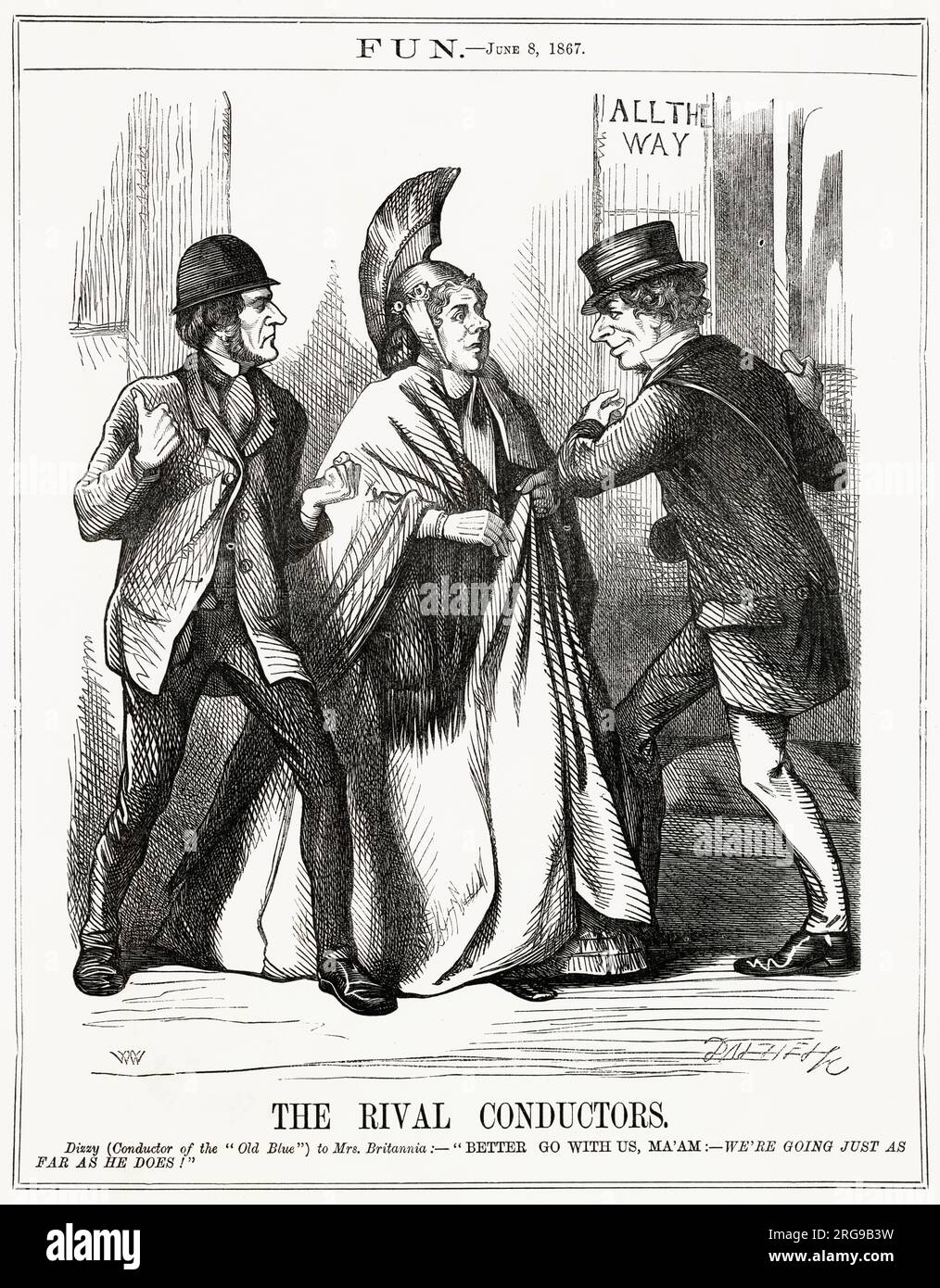 Cartoon, die rivalisierenden Dirigenten -- ein satirischer Kommentar zur Wahlreform, vertreten durch Gladstone (liberal, links) und Disraeli (konservativ, rechts). Frau Britannia (nach dem Vorbild des verstorbenen liberalen Reformpolitikers Richard Cobden) versucht zu entscheiden, in welchen Bus sie einsteigen soll. Schwindel beruhigt sie/ihn: "Geh lieber mit uns... Wir gehen so weit, wie er es tut!“ Disraelis Bus ist markiert, was eine großzügige Verlängerung des Wahlrechts vorschlägt. Ironischerweise wurden aber keine Frauen einbezogen. Stockfoto