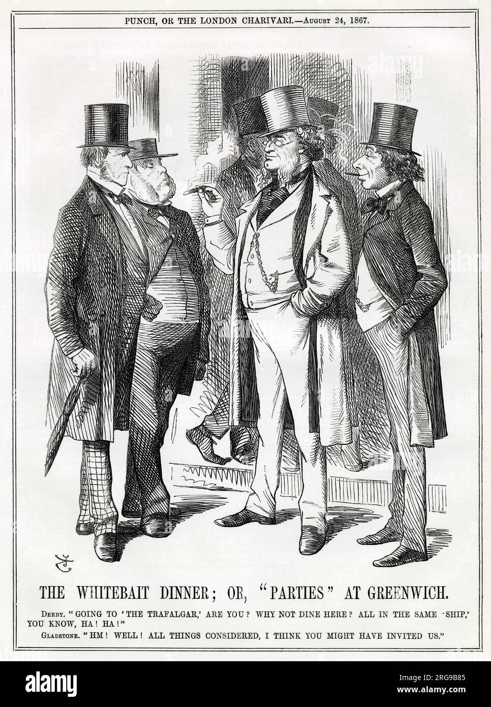 Cartoon, das Whitebait Dinner; oder Partys in Greenwich - rivalisierende Politiker begegnen sich beim traditionellen Sommer-Whitebait Dinner in Greenwich, SE London. Lord Derby und Benjamin Disraeli sehen nach ihrem Erfolg mit dem Reformgesetz zufrieden aus; William Gladstone und John Bright sehen weniger glücklich aus. Stockfoto