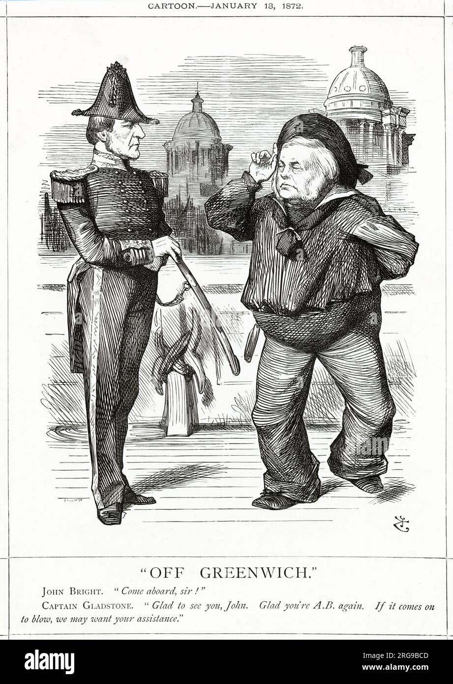 Cartoon, Off Greenwich -- in einer Marineanalogie, und mit dem Royal Naval College Gebäude im Hintergrund, begrüßt William Gladstone John Bright zurück in die Regierung nach einer Auszeit wegen Krankheit. Seine Hilfe könnte gut nötig sein. Stockfoto