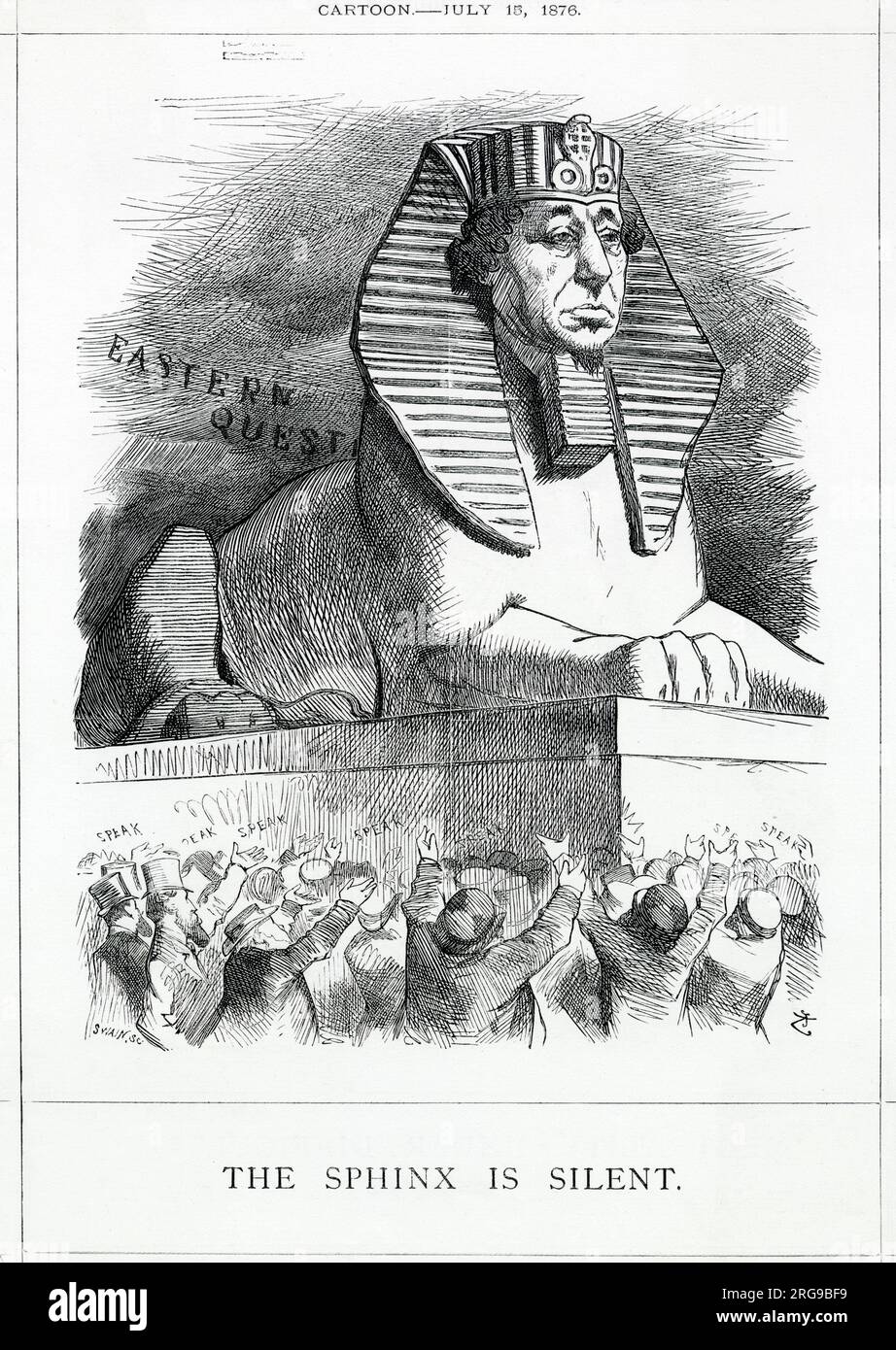 Cartoon, die Sphinx ist still -- Benjamin Disraeli, konservativer Premierminister, dargestellt als die Sphinx, mit Menschen unter ihm, die ihn anflehen zu sprechen. Ein satirischer Verweis auf seinen Kauf von Aktien des Suez Canal und auch auf sein Schweigen über die Regierungspolitik in der Ostfrage, da Serbien und Montenegro der Türkei den Krieg erklärt hatten. Stockfoto