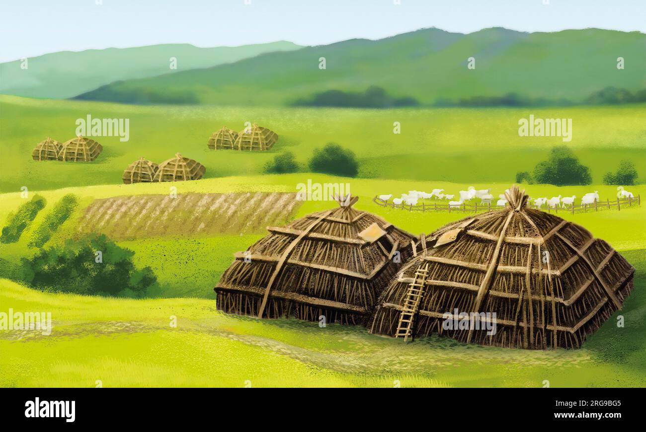 Prähistorische kasachische Bauernszene, frühe Landwirtschaft, Kasachstan. Stockfoto
