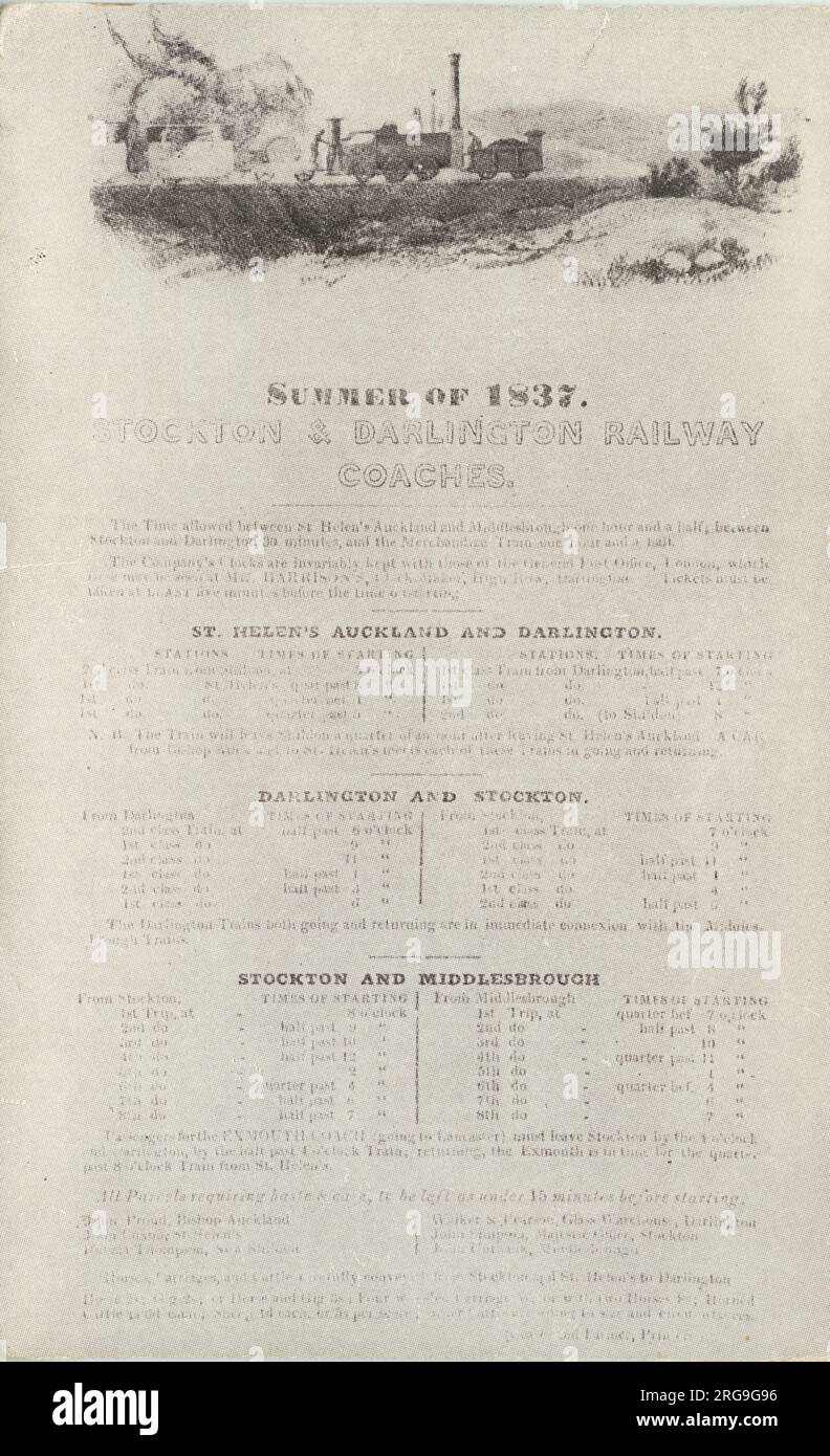 Stockton & Darlington 1837 Eisenbahnexperiment Fahrplan - The Rocket, Durham, England. Stockfoto