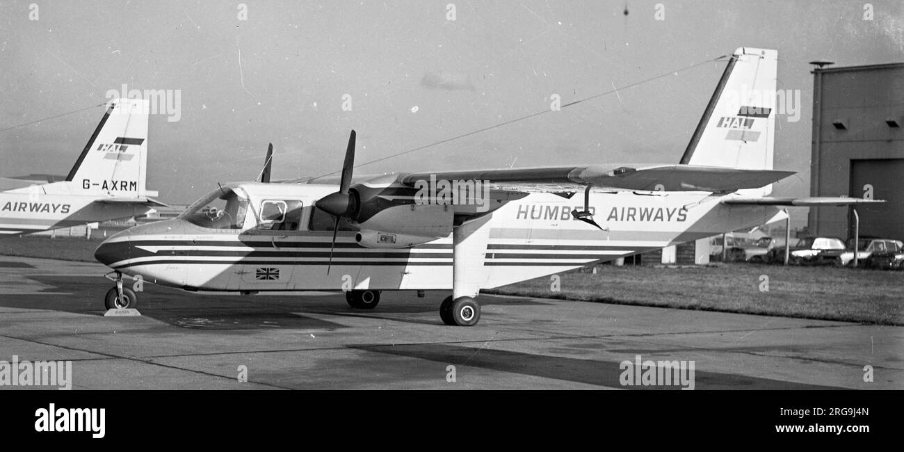 Britten Norman BN-2A Islander G-AXRN (msn129) von Humber Airways Limited in Brough. G-AXRN wurde erstmals am 10. November 1969 als G-51-52 geflogen, und das Lufttüchtigkeitszeugnis wurde am 31. Dezember 1969 ausgestellt. Stockfoto