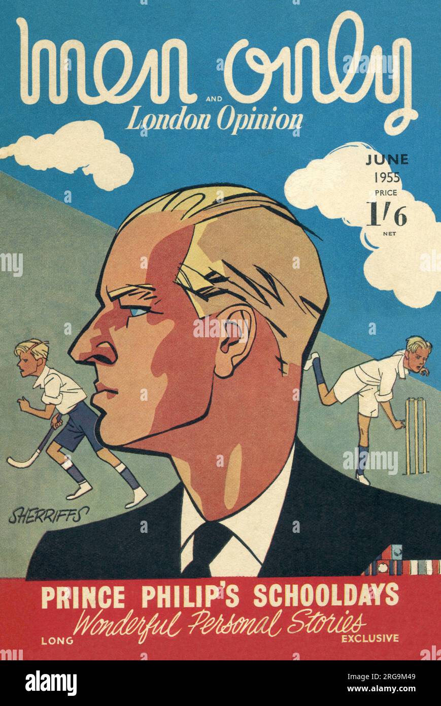 Titelseite des Magazins Men Only mit einem Porträt oder einer Karikatur von Prinz Philip, Herzog von Edinburgh, mit zwei weiteren Illustrationen seiner Schulzeit. Stockfoto
