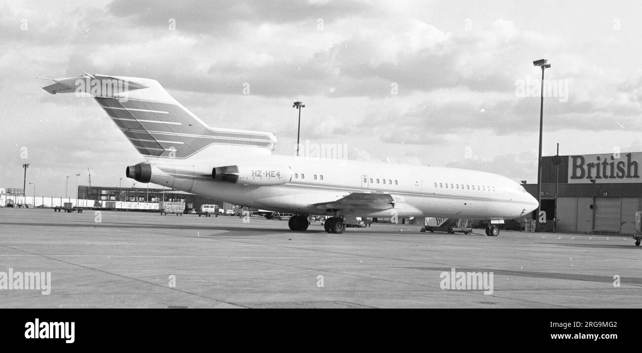 Boeing 727-29C HZ-HE4 (msn 19987/Line Number 634), Eigentum von Scheich Hassan Ena, am Flughafen London Heathrow. DAS HZ-HE4 wurde erstmals am 11.09.68 geflogen und am 01.10.68 nach Sabena geliefert. Von 30.06.82 bis 20.06.2002 war es im Besitz von Scheich Hassan Ena. Stockfoto