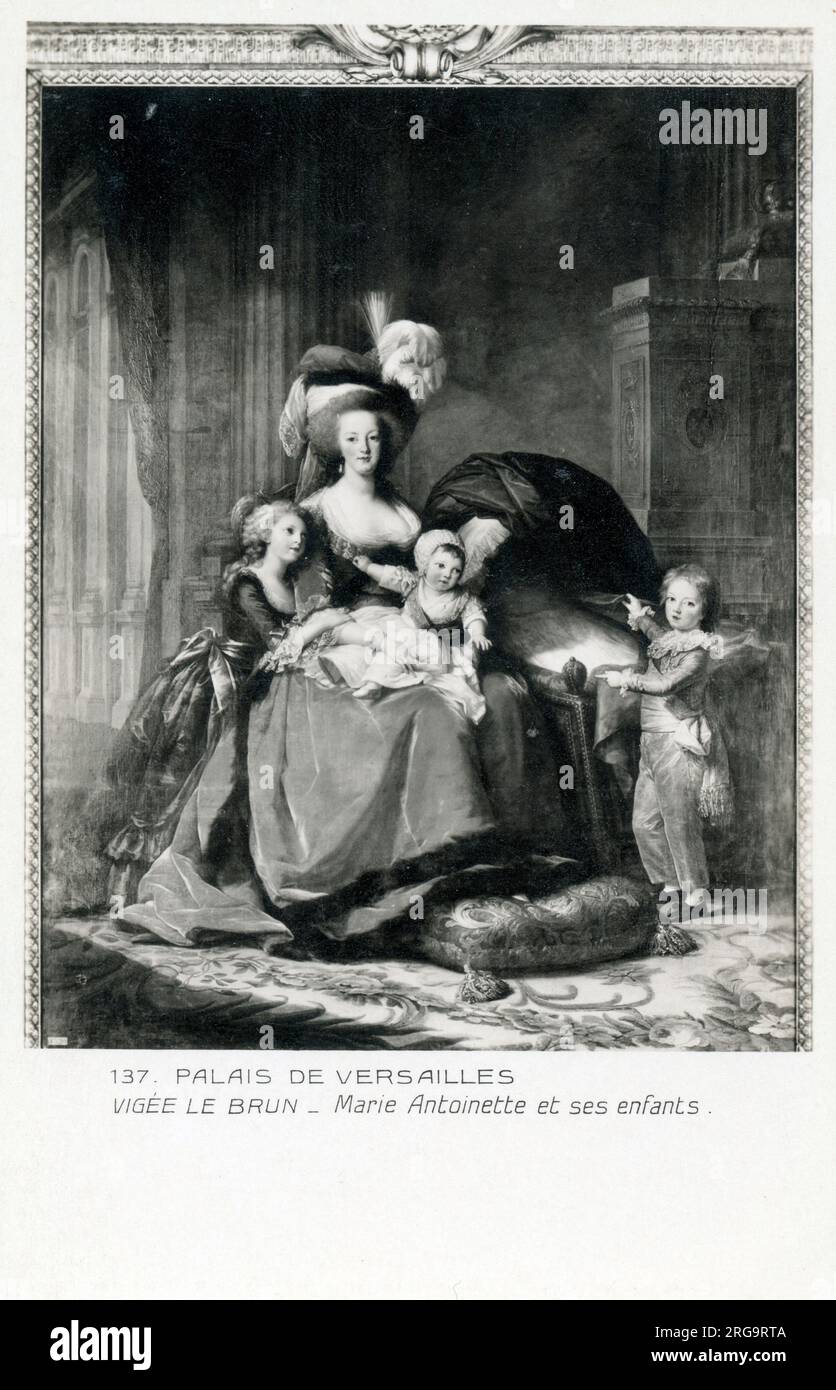 Reproduktion eines Gemäldes von Marie-Antoinette de Lorraine-Habsburg, Königin Frankreichs (1755-1793), und ihren Kindern von Elisabeth Louise Vigee Le Brun (1755-1842), einer prominenten französischen Maler des späten 18. Jahrhunderts. Stockfoto
