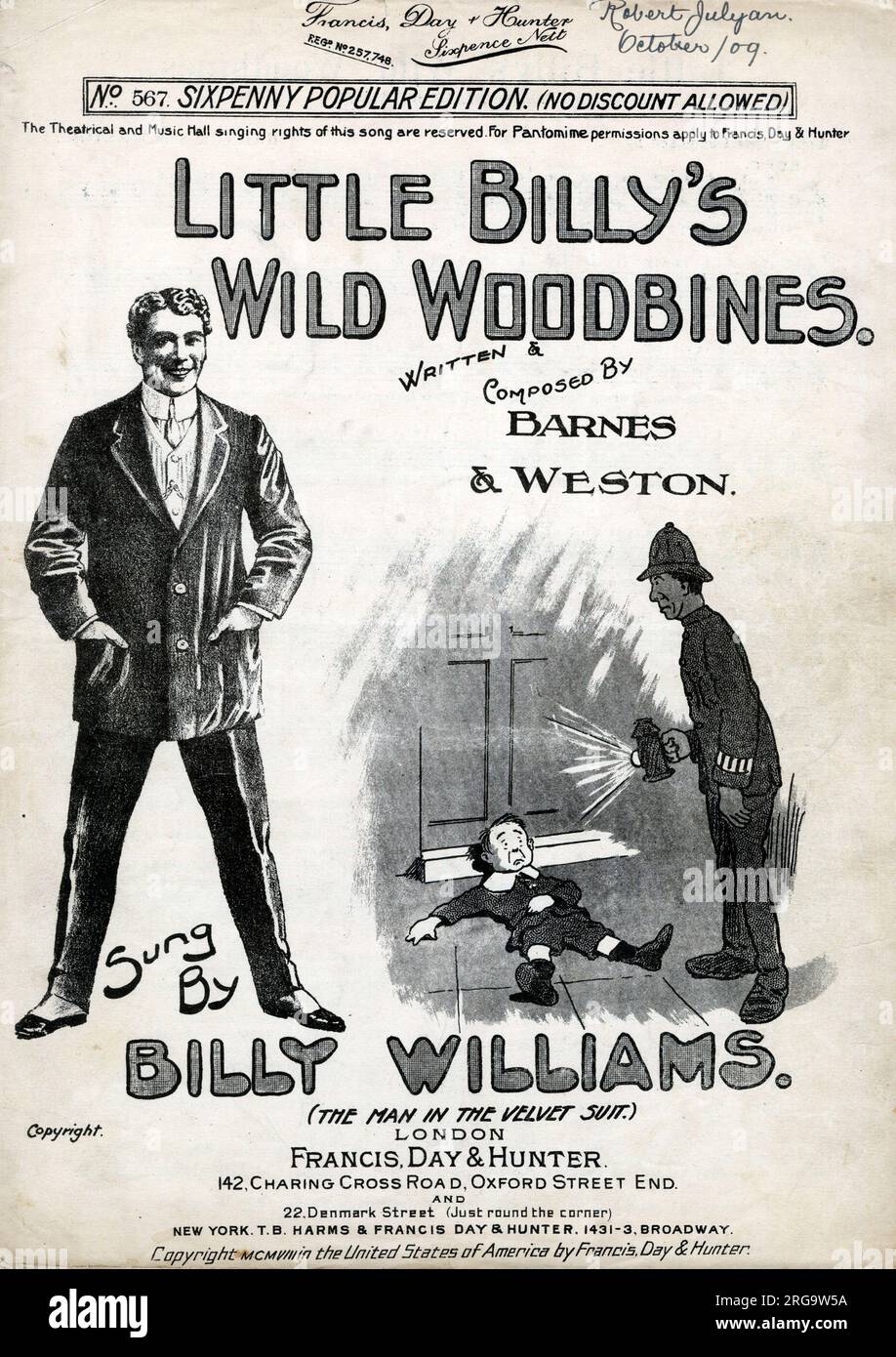 Musikcover, Little Billys Wild Woodbines - geschrieben und komponiert von Barnes & Weston, gesungen von Billy Williams, The man in the Velvet Suit. Stockfoto