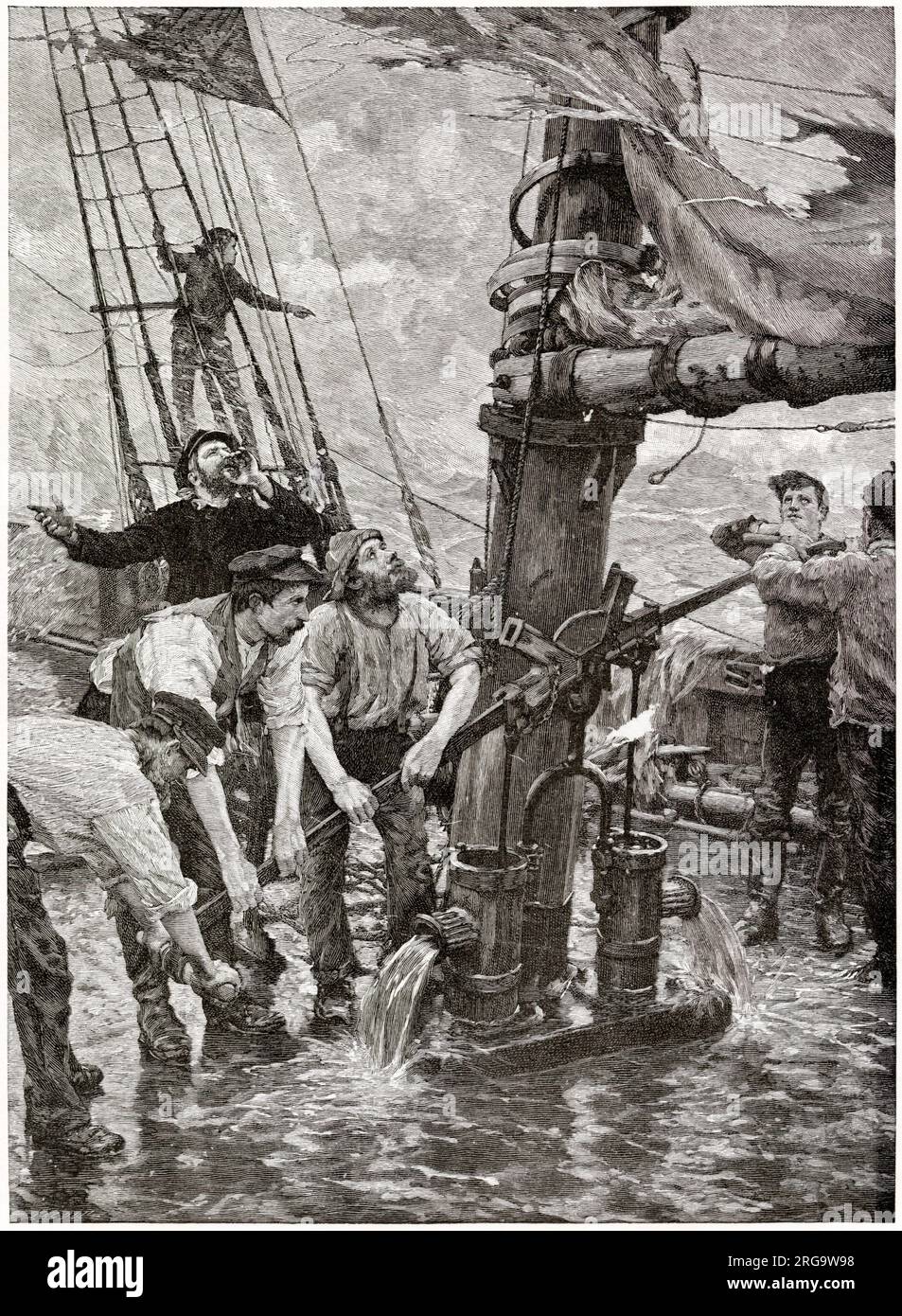 Alle Mann an die Pumps. Matrosen an Bord eines Schiffes in einem Sturm Pumpen Wasser von unter Deck. Stockfoto