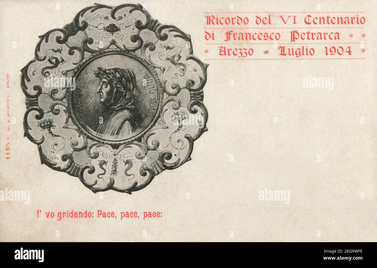 Francesco Petrarca (Petrarca) (1304-1374) - Aretiner Gelehrter und Dichter während der frühen italienischen Renaissance und einer der frühesten Humanisten. Postkarte, die 1904 zum Gedenken an den 600.. Jahrestag seiner Geburt veröffentlicht wurde (Petrarca wurde am 20. Juli 1304 in der toskanischen Stadt Arezzo geboren). Stockfoto