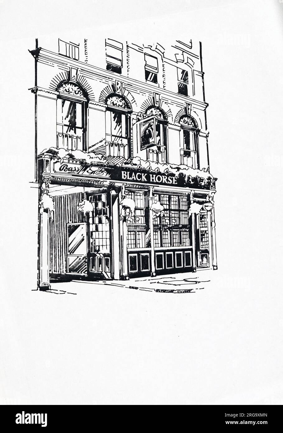 Skizze von Black Horse PH, Oxford Street, London. Die Hauptseite des Drucks (hier abgebildet) zeigt: Skizze des Pubs. Auf der Rückseite des Aufdrucks (auf Anfrage erhältlich) steht: Nichts für das Black Horse, Oxford Street, London W1T 1HL. Seit Juli 2018 . Jetzt wird die Site für Byron genutzt. burger-Haus Stockfoto