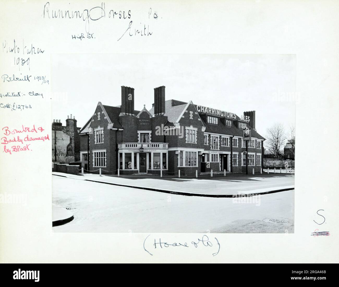 Foto der Laufpferde PH, Erith, Greater London. Die Hauptseite des Aufdrucks (hier abgebildet) zeigt: Linke Seite in der Ansicht des Pubs. Auf der Rückseite des Aufdrucks (auf Anfrage erhältlich) ist Folgendes angegeben: Trading Record 1934 . 1961 für die Laufpferde, Erith, Greater London DA8 1QY. Seit Juli 2018 . Enterprise Inns Stockfoto