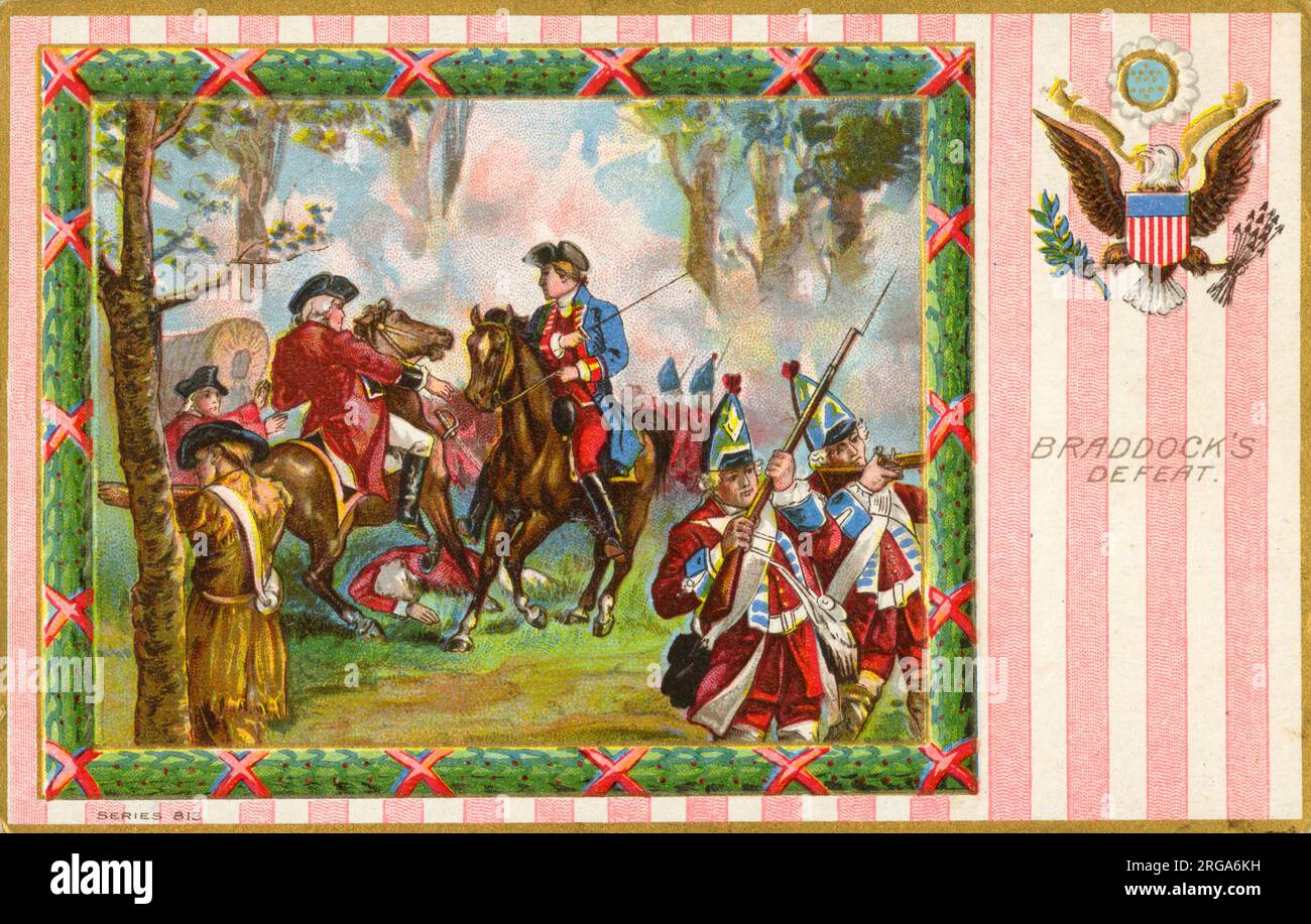 Die Schlacht der Monongahela (auch bekannt als die Schlacht von Braddocks Feld und die Schlacht der Wildnis) fand am 9. Juli 1755, zu Beginn des Französisch-Indischen Krieges, auf Braddocks Feld im heutigen Braddock, Pennsylvania, 10 Meilen (16 km) östlich von Pittsburgh statt. Eine britische Truppe unter General Edward Braddock, die Fort Duquesne erobert, wurde von einer Truppe französischer und kanadischer Truppen unter Kapitän Daniel Lienard de Beaujeu mit seinen amerikanischen indischen Verbündeten besiegt. Stockfoto
