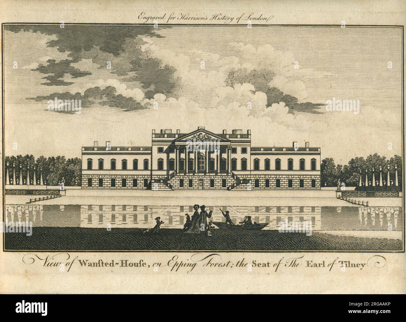 Ansicht des Wanstead House, dem Sitz des Earl of Tilney (Tylney), eingraviert für Harrisons Geschichte von London im Jahr 1775. Das Haus wurde vom schottischen Architekten Colen Campbell entworfen, 1715 von Sir Richard Child in Auftrag gegeben und 1722 im palladianischen Stil fertiggestellt und sollte Blenheim in seiner Pracht Konkurrenz machen. Es wurde leider abgerissen, um die Schulden von William Pole-Tylney-Long-Wellesley zu tilgen, der 1812 Erbin Catherine Tylney-Long geheiratet hatte. Das Gelände, auf dem das Haus einst stand, bildet heute den Wanstead Park, wobei die einzigen Überreste des Hauses der Tempel und die Grotte (sowie zwei steinerne p Stockfoto