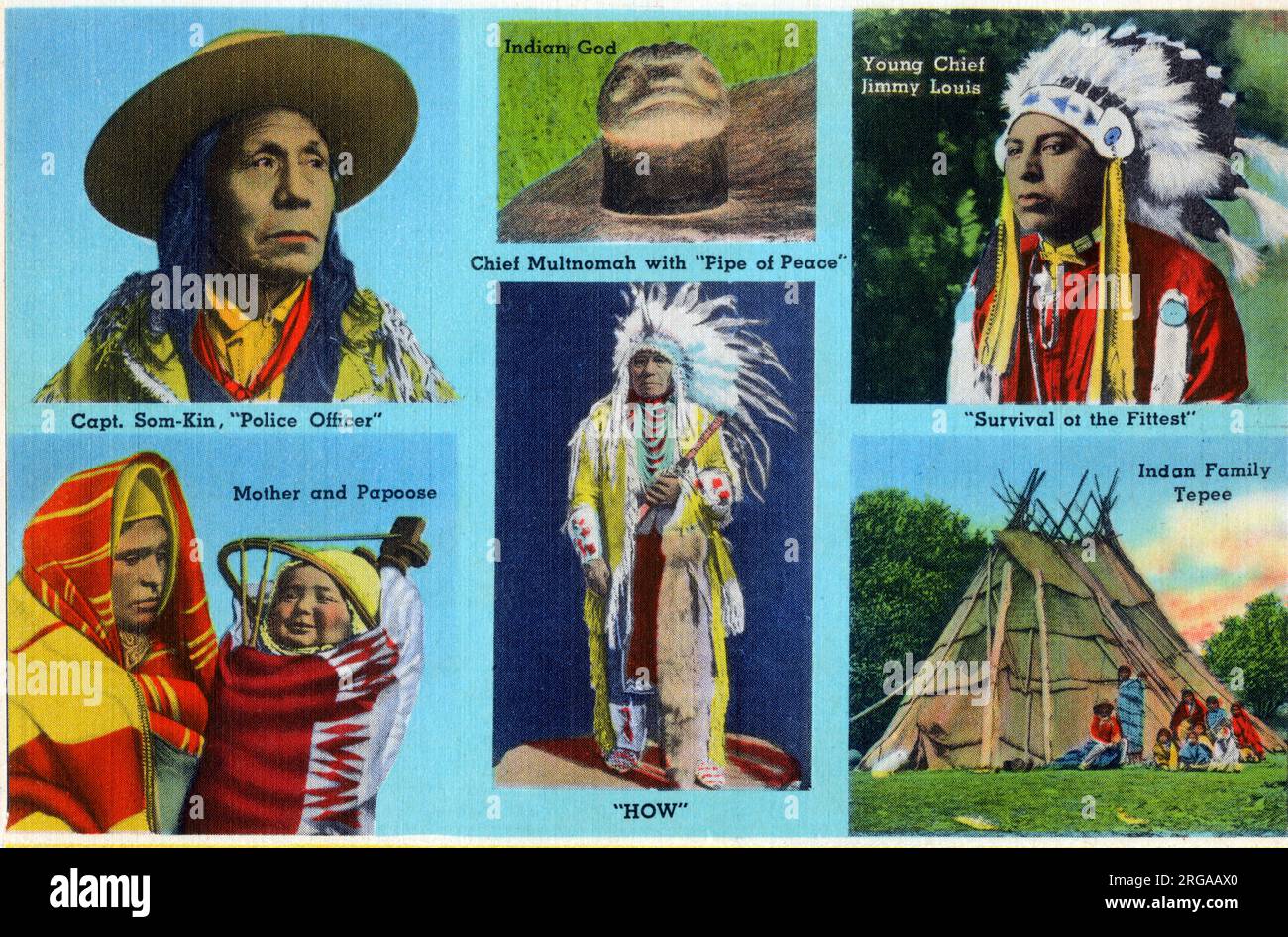 Portland, Oregon, USA – (im Uhrzeigersinn von oben links): Captain Som-Kin, „Police Officer“; ein „indischer Gott“; junger Chief Jimmy Louis; eine indische Mutter und Papoose; Chief Multnomah mit „Pipe of Peace“; ein Tepee der indischen Familie. Stockfoto