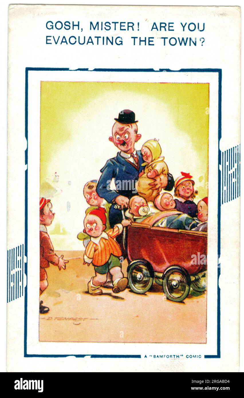 Die Bildunterschrift lautet: "Gott, Mister! Evakuieren Sie die ganze Stadt?" Es wird geschätzt, dass zwischen 1939 und Ende 1941 über 200.000 Menschen aus den Städten auf dem Land evakuiert wurden. Süße Kinder-WW2-Kriegs-Humor Stockfoto