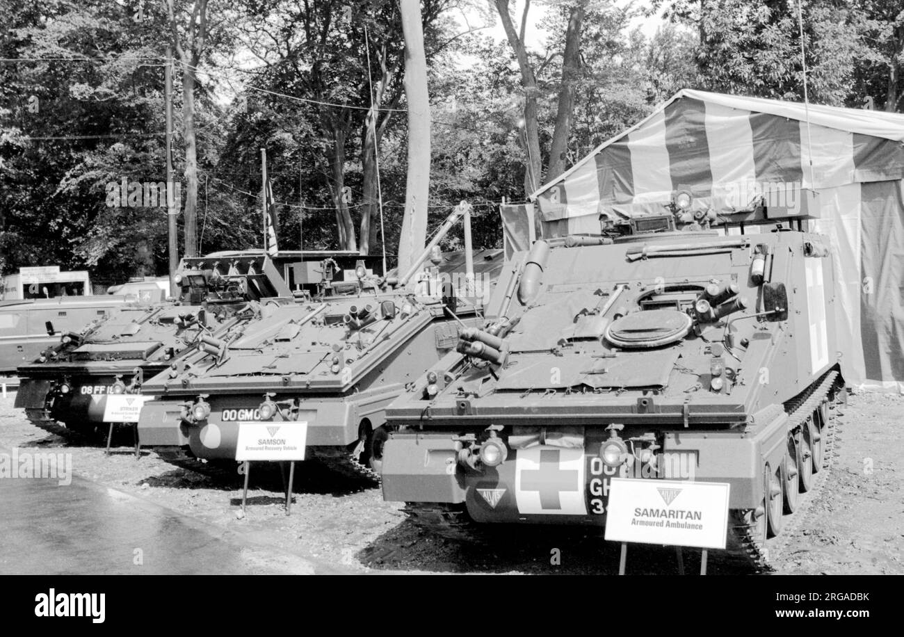 Alvis FV102 Striker, FV104 Samaritan und FV106 Samson, auf der British Army Equipment Exhibition, die vom 23-27. Juni 1980 in Aldershot stattfand. Stockfoto