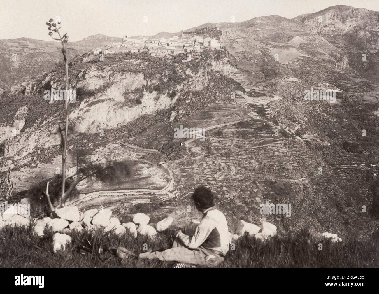 Vintage 19. Jahrhundert Fotografie - Ansicht von Castelmola, Sizilien, Italien Stockfoto