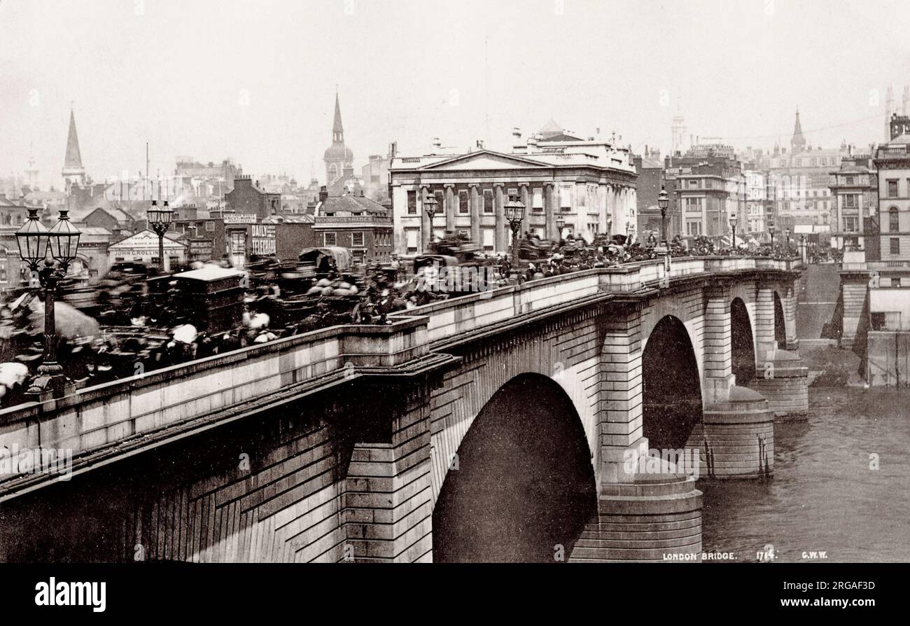 Vintage 19. Jahrhundert Foto: Lodon Brücke überfüllt mit Verkehr, Pferde und Kutschen. Stockfoto