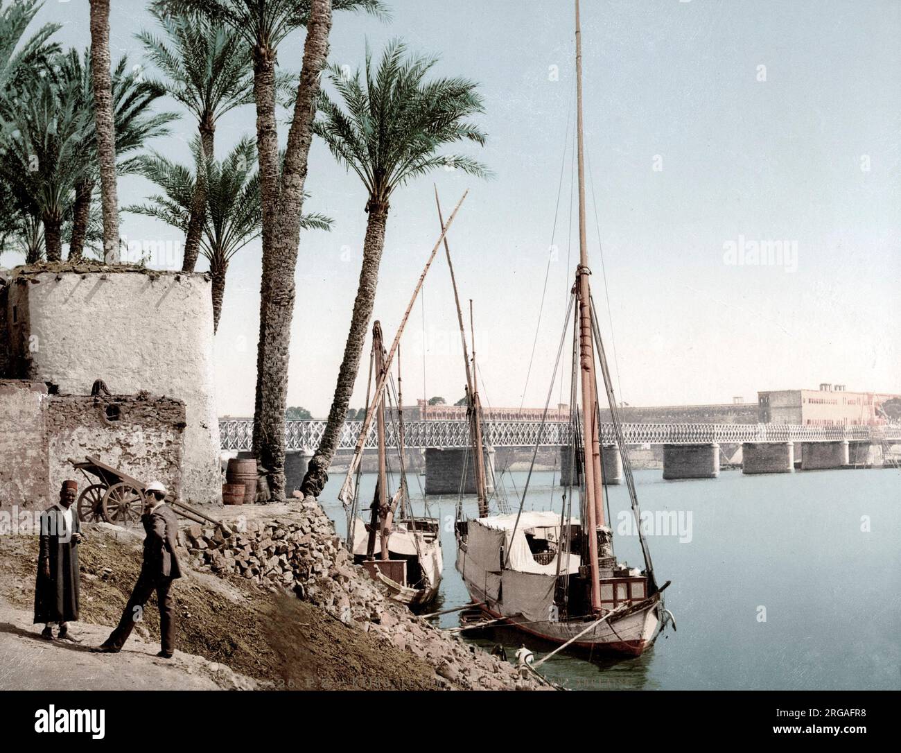 C 1890 Photochrom Ägypten - Boote auf dem Nil und Kairo Stockfoto