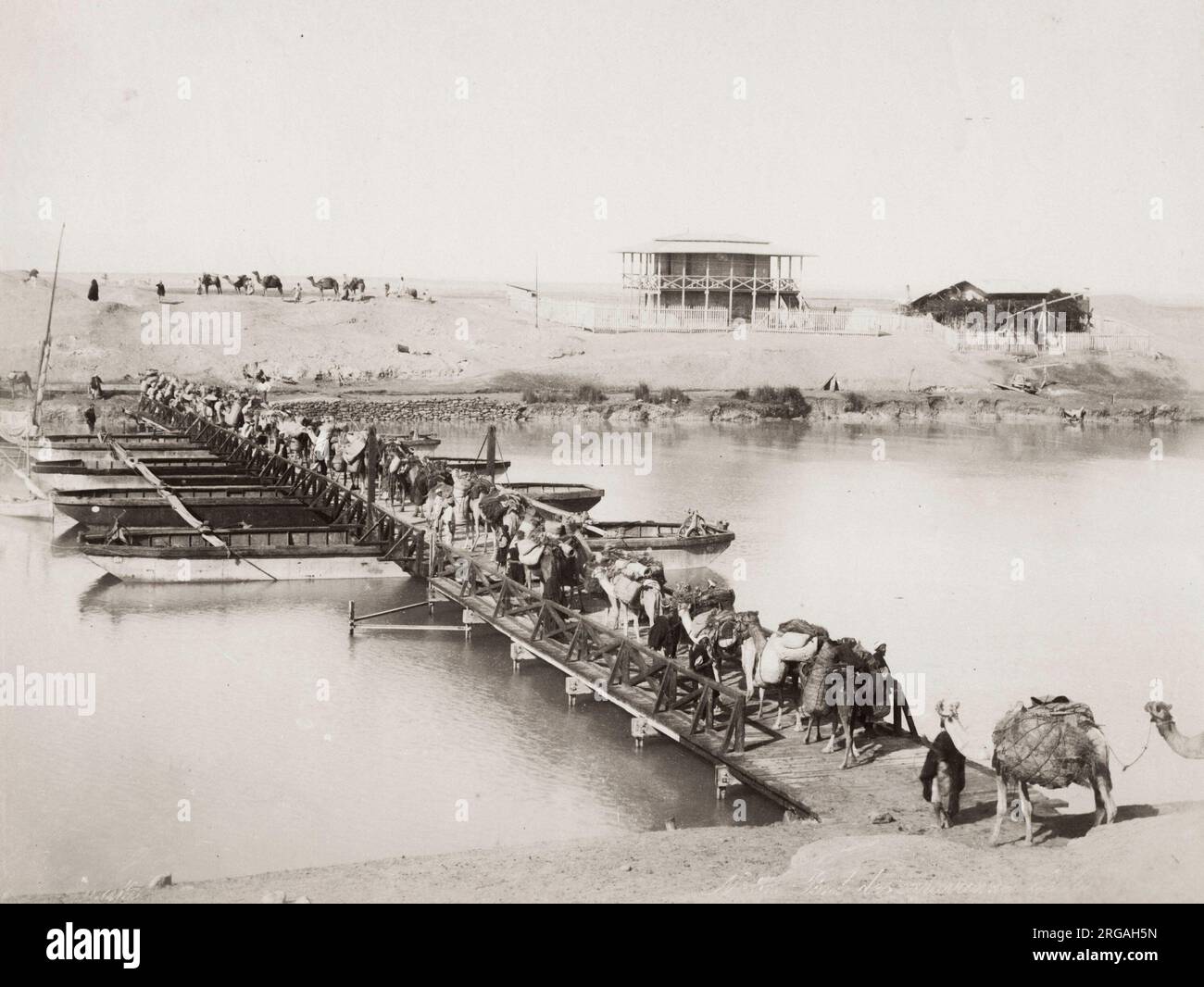 Vintage 19. Jahrhundert Foto: Kamelzug über eine Pontonbrücke über den Nil, Ägypten. Stockfoto