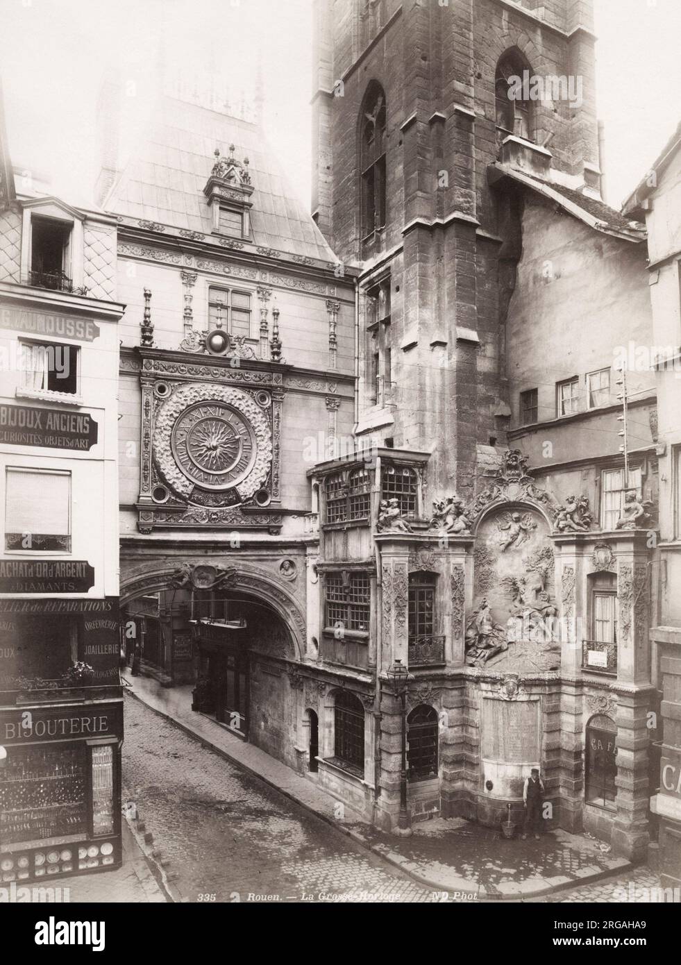 19. Jahrhundert Vintage-Foto: Rouen große Uhr, Grand Horloge und Gebäude. Frankreich. Stockfoto