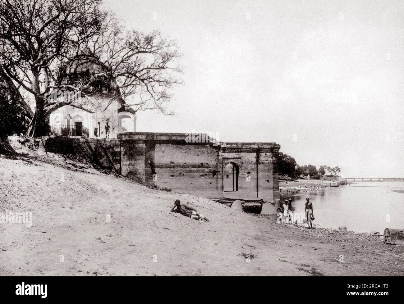 C. 1880 Indien - satti oder Massaker Chaura Ghat Ghat in Kanpur, Cawnpore, Uttar Pradesh, Bank des Flusses Ganges - Szene der Tötung von 300 britischen Männer, Frauen und Kinder während des indischen Aufstands von 1857, Stockfoto