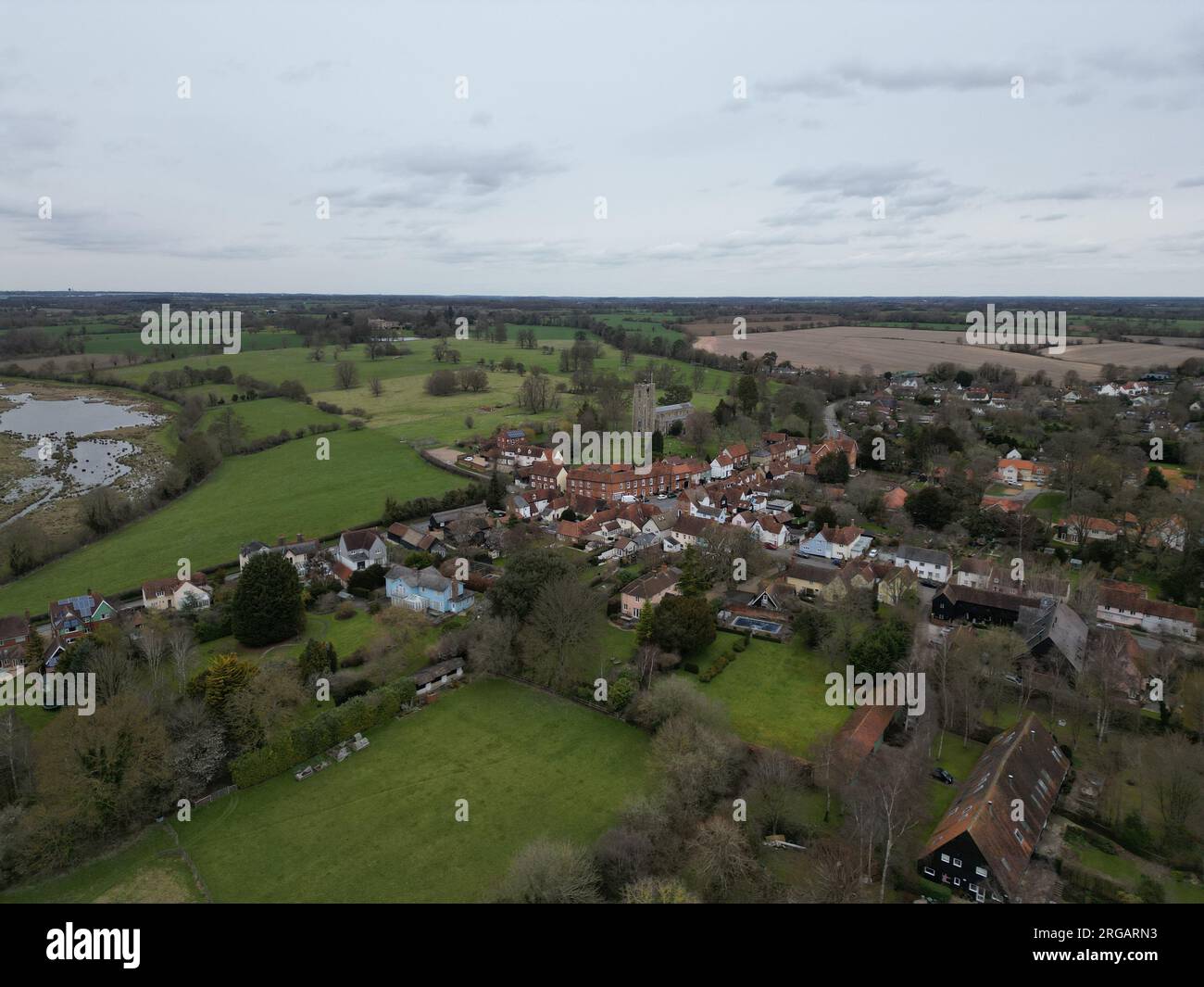 Hatfield Broad Oak Village Essex UK Hochwinkeldrohne, Luftfahrt, Blick aus der Luft, Vogelperspektive, Stockfoto