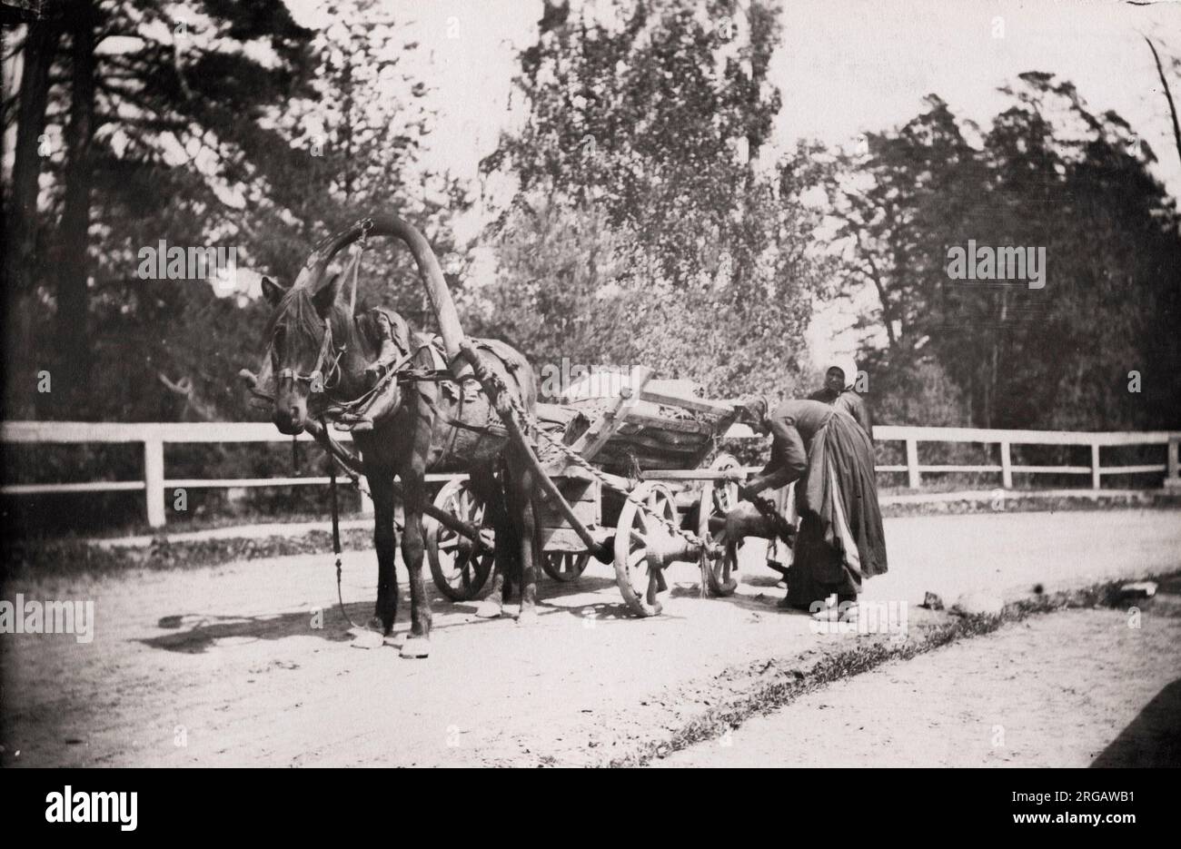 Vintage Ende 19th Jahrhundert Foto: Russische Landwagen, Wagen und Pferd. Russland Stockfoto