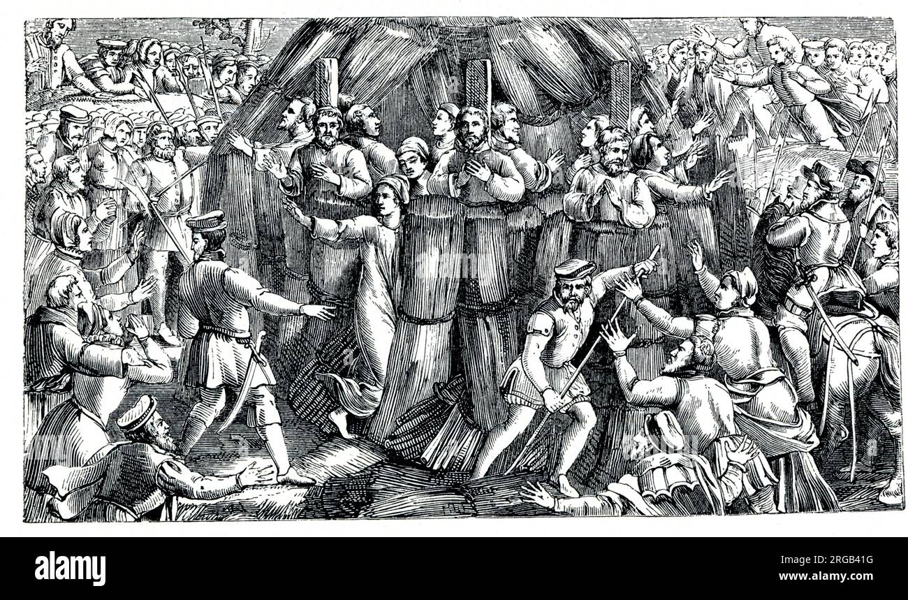 Verbrannte protestantische Märtyrer auf Stratford Green - elf Männer und zwei Frauen wurden während der Herrschaft von Königin Mary I auf dem Scheiterhaufen verbrannt, entweder in Stratford-le-Bow, Middlesex oder Stratford, Essex, Am 27. Juni 1556. Stockfoto