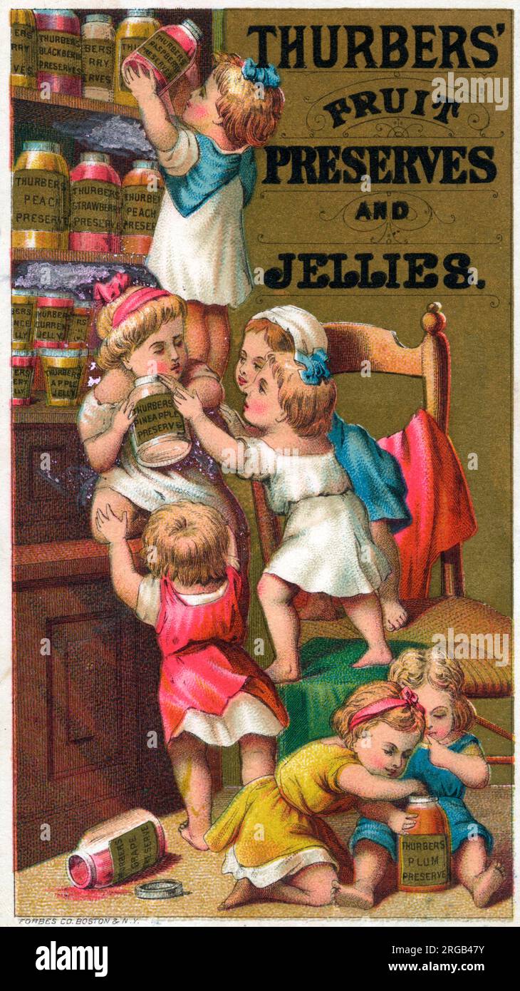 Amerikanische Werbekarte für Thurbers' Obstkonserven und Gelee. Stockfoto