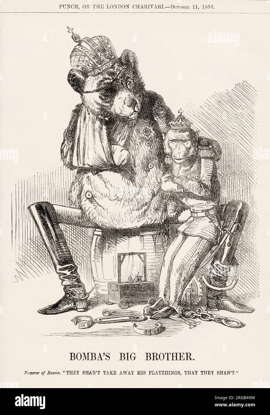 Bombas großer Bruder. Kaiser von Russland: 'Sie werden seine Spielsachen nicht wegnehmen, dass sie nicht.' Ferdinand II (1810-1859), König der beiden Sizilien, dargestellt als Affe, der auf dem Knie des russischen Bären sitzt. Stockfoto Bombas großer Bruder. Kaiser von Russland: 'Sie werden seine Spielsachen nicht wegnehmen, dass sie nicht.' Ferdinand II (1810-1859), König der beiden Sizilien, dargestellt als Affe, der auf dem Knie des russischen Bären sitzt. Stockfoto