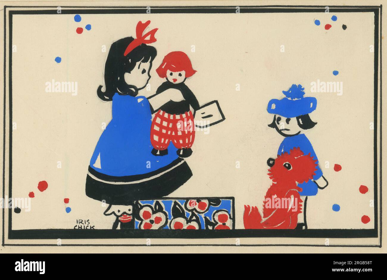Originalkunstwerke – Design für eine Postkarte für Kinder – Danke für das Geschenk. Ein kleines Mädchen hält die Puppe, die sie gerade aus einer gemusterten Geschenkbox genommen hat. Stockfoto